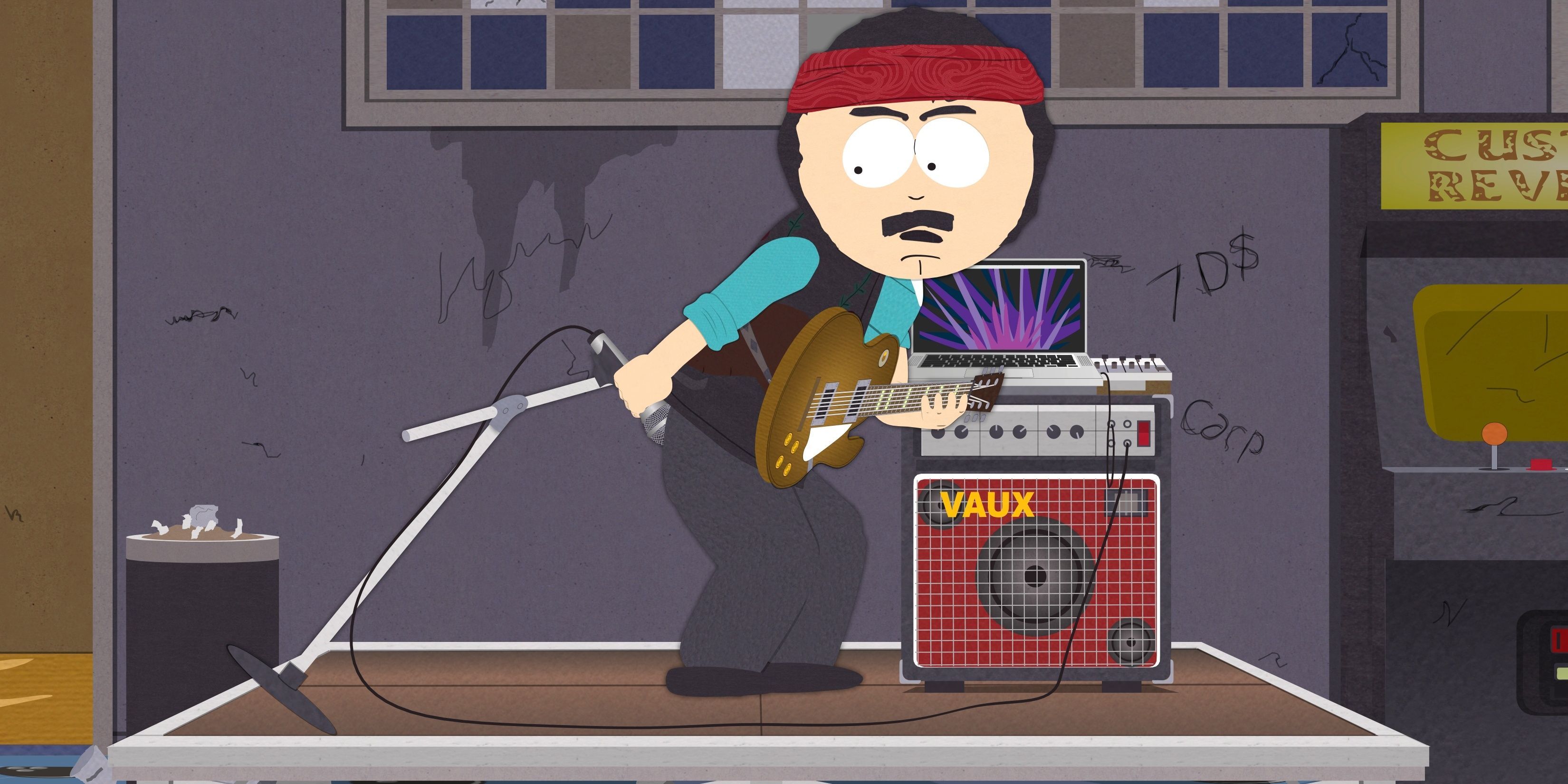 Randy from South Park farting into a microphone.