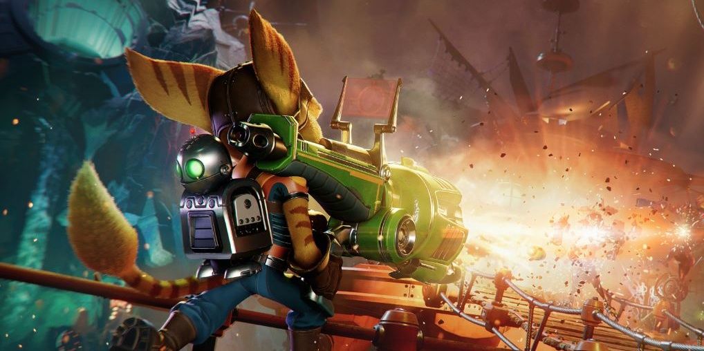 Ratchet using a powerful weapon in Ratchet &amp; Clank: Rift Apart