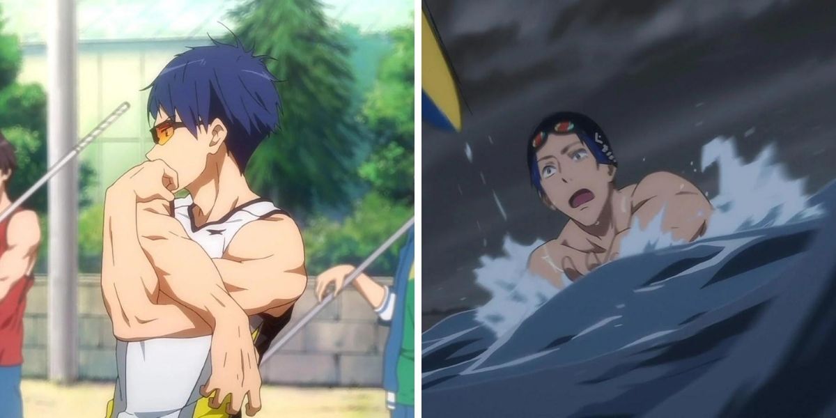 Left image features Rei in the track and field team; right image features Rei almost drowning