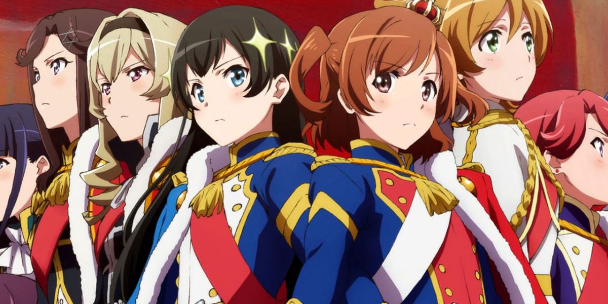 The main characters from Revue Starlight, stand shoulder-to-shoulder in their military uniforms
