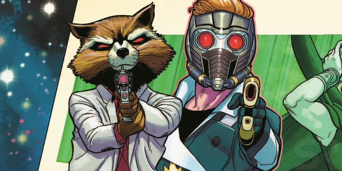 Rocket Raccoon and Star-Lord pointing weapons
