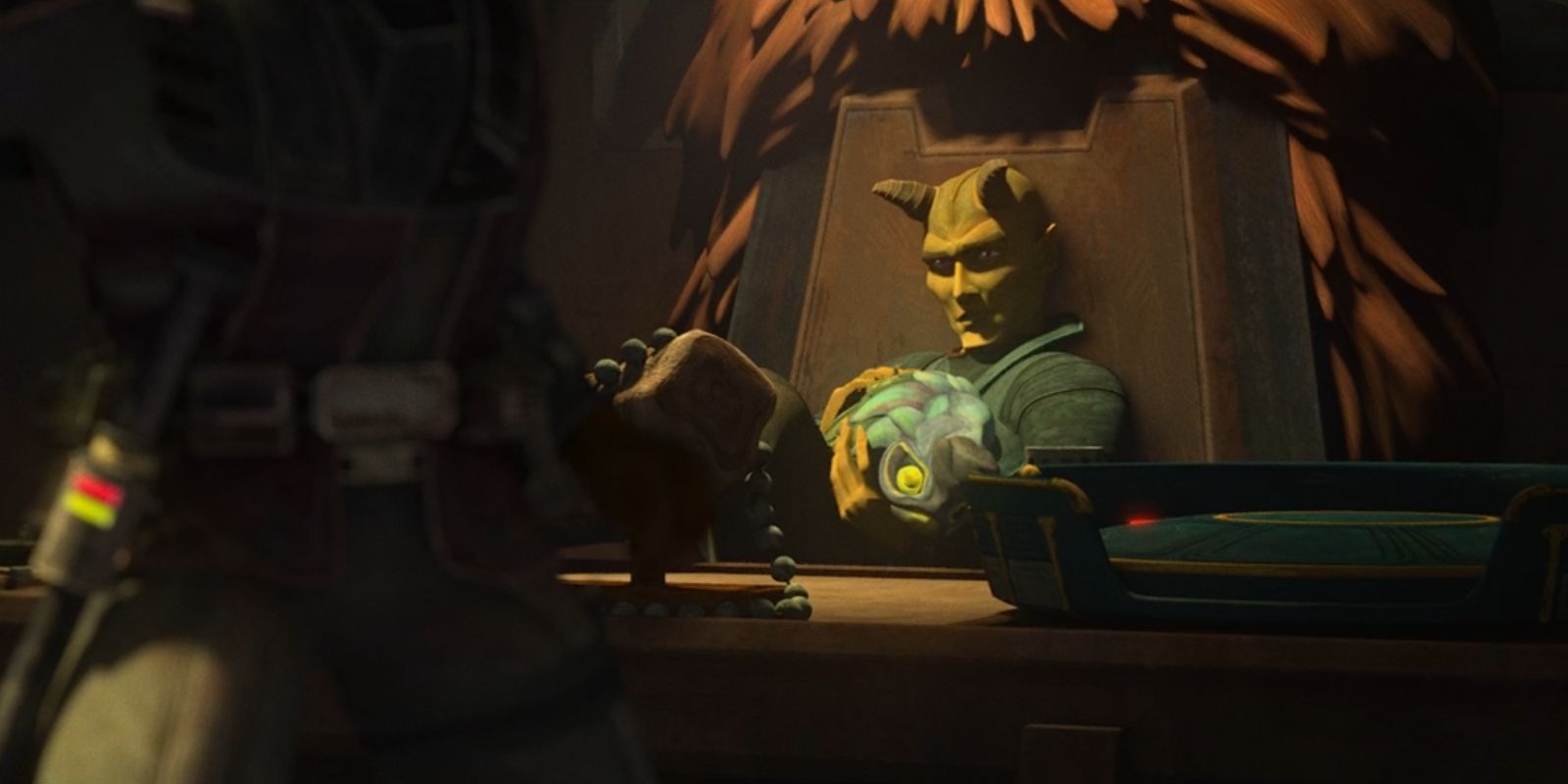 Roland Durand sits with Ruby in his lap in Star Wars The Bad Batch. He is seated in Cid's chair, and his feet are up on the desk.