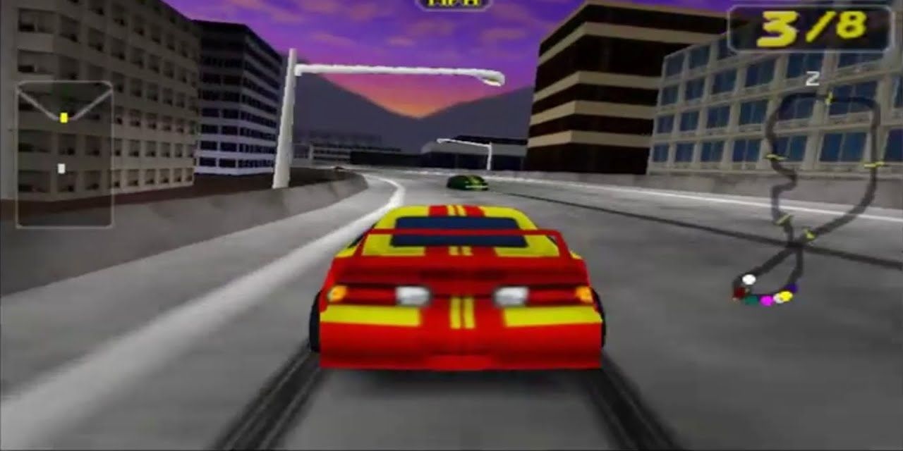 Car coming up on a turn in Rush 2: Extreme Racing