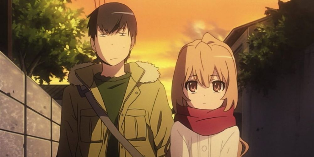 Ryuji and Taiga walking together in cold weather at twilight from Toradora