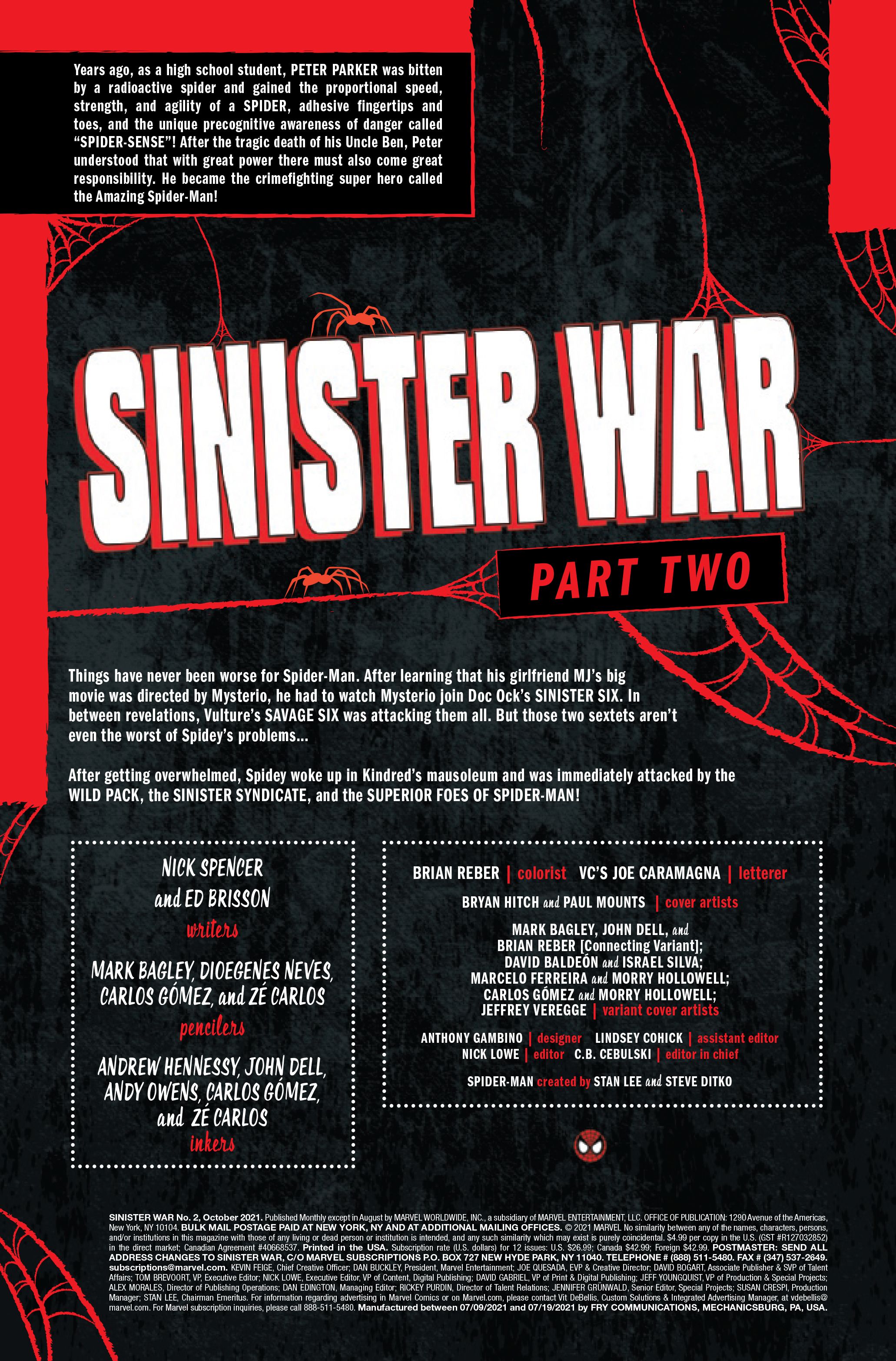 Page 1 of Marvel Comics' Sinister War #2, by Nick Spencer, Ed Brisson, Mark Bagley, Diogenes Neves, Carlos Gomez, Ze Carlos, Andrew Hennessy, John Dell, Andy Owens, Brian Reber and VC's Joe Caramagna.