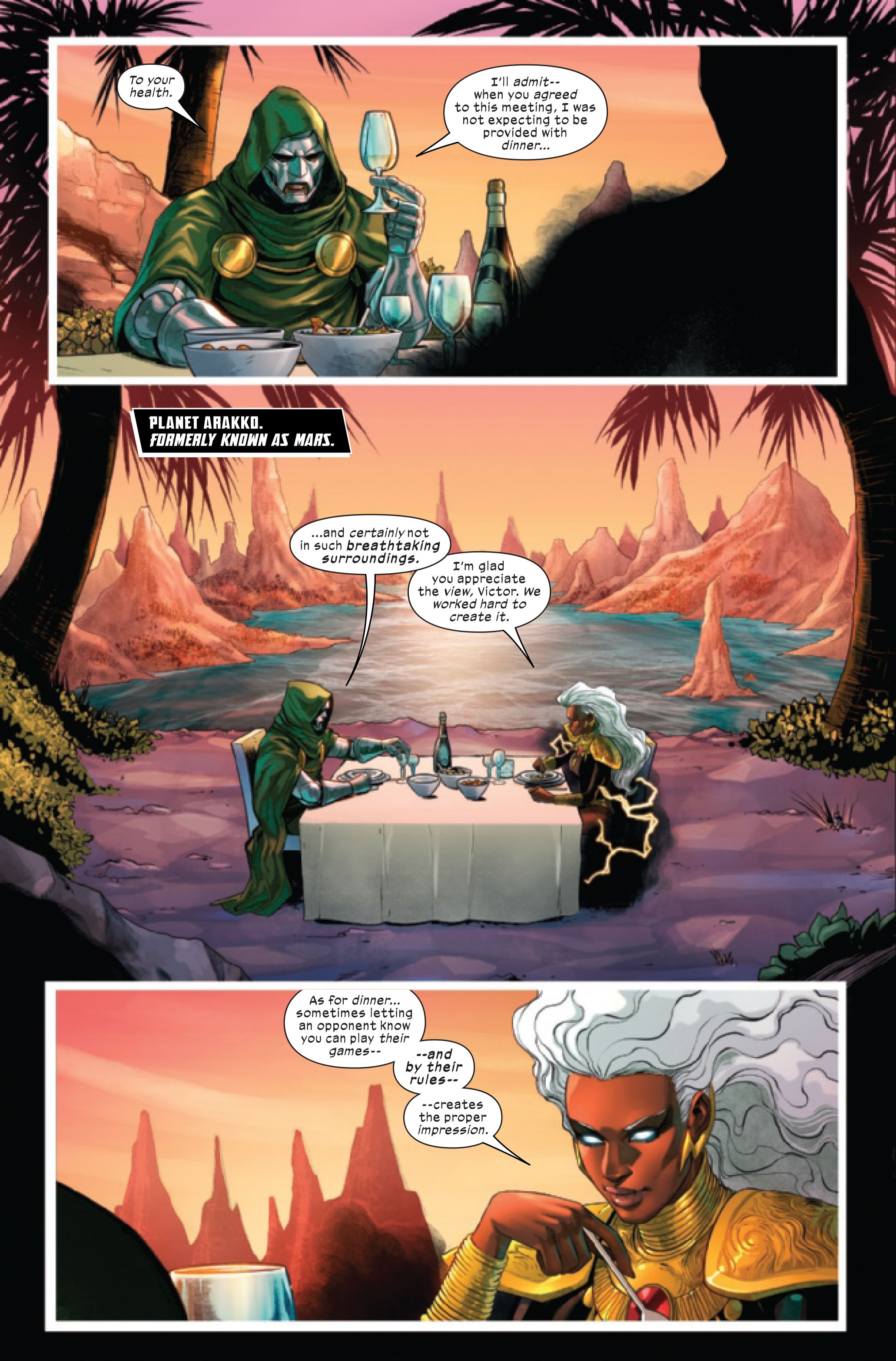 Doctor Droom and Storm talk on the first page of Marvel Comics&#039; S.W.O.R.D. #7, by Al Ewing and Stefano Caselli.