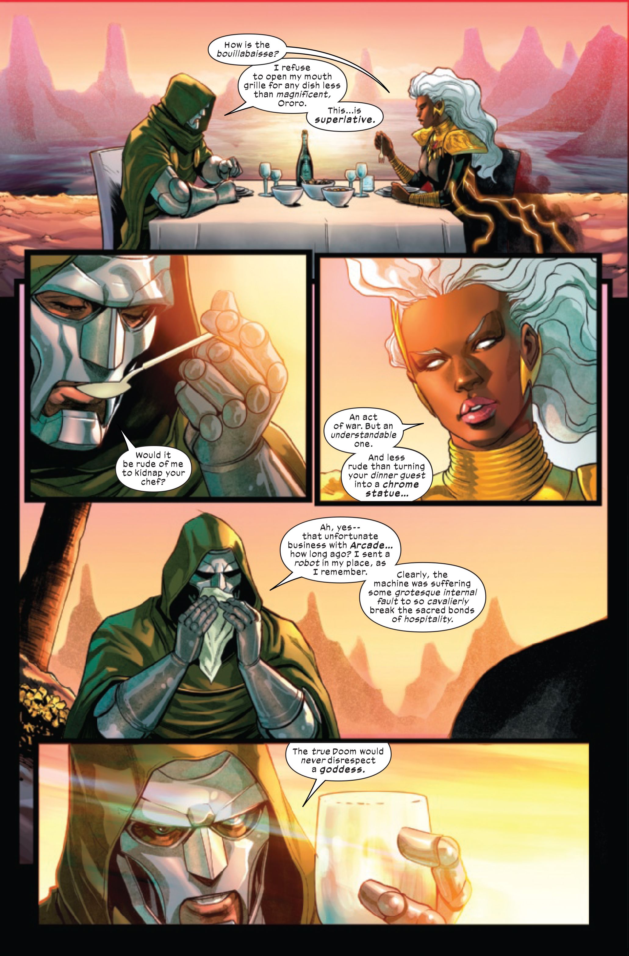 Doctor Droom and Storm talk on the second page of Marvel Comics&#039; S.W.O.R.D. #7, by Al Ewing and Stefano Caselli.