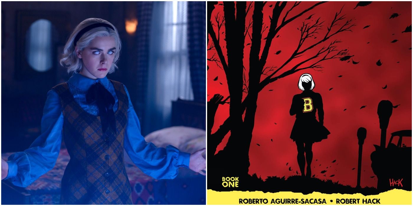 Kiernan Shipka as Sabrina Spellman with whited out eyes bathed in a cool light, Cover to Chilling Adventures of Sabrina number two with Sabrina silhouetted, white hair highlighted, red background.