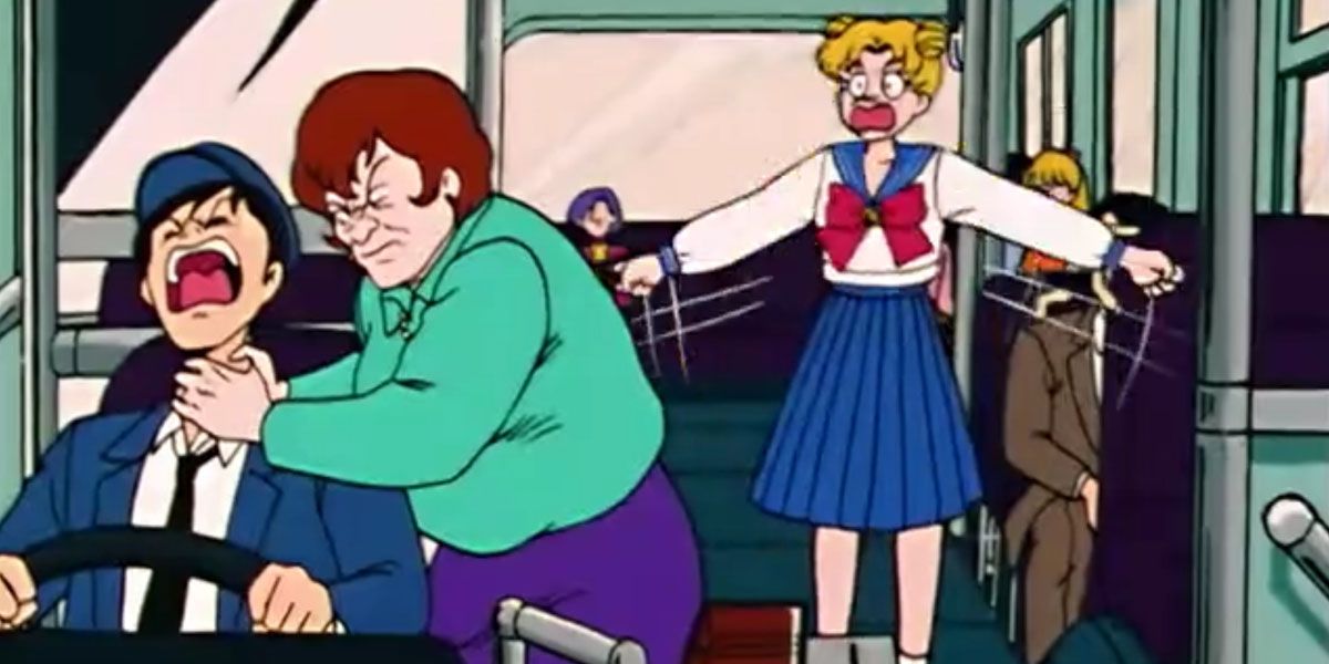A passenger chokes the bus driver as Usagi panics Sailor Moon