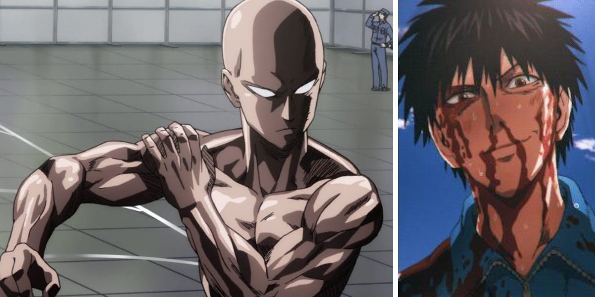 Left image features bald Saitama; right image features a bloody Saitama