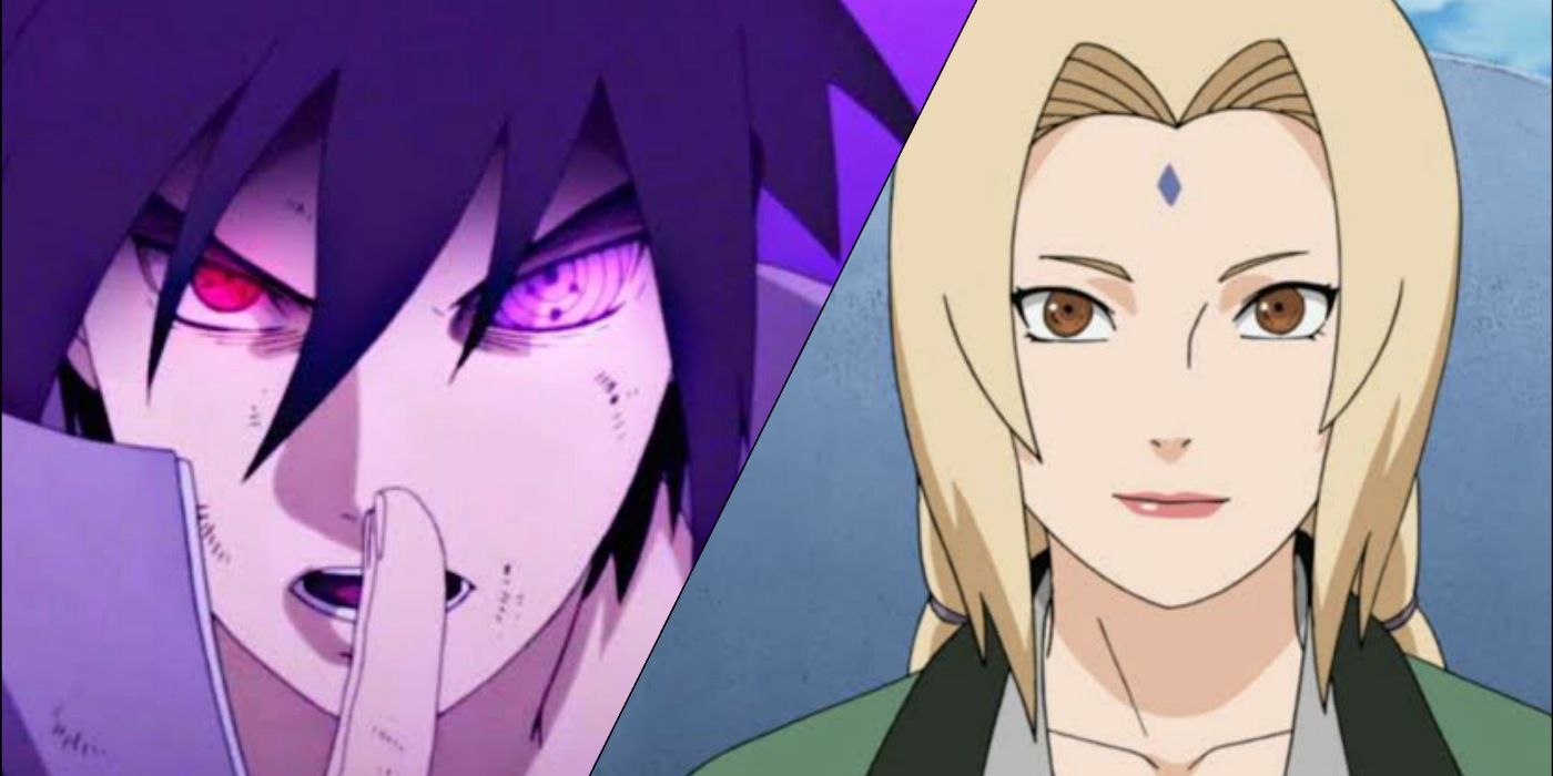 Sasuke Uchiha Sharingan Rinnegan and Tsunade Senju smiling in Naruto