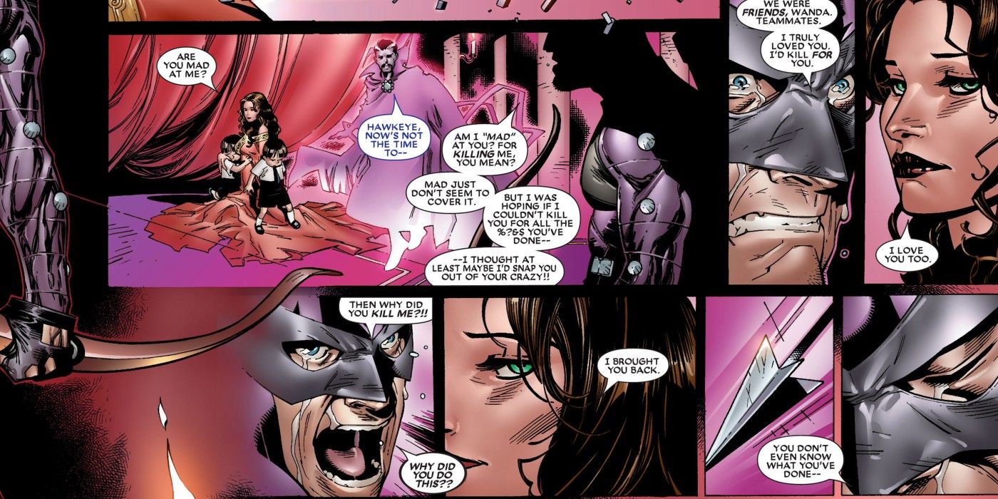 Hawkeye confronting the Scarlet Witch for killing him in 2005's House of M #7