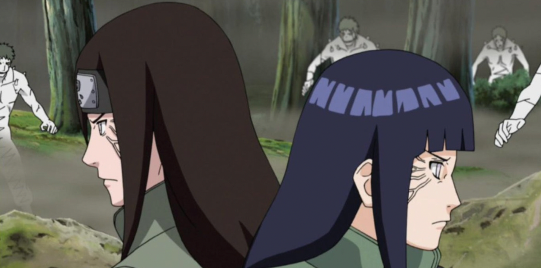 Neji and Hinata fighting side by side in Naruto.