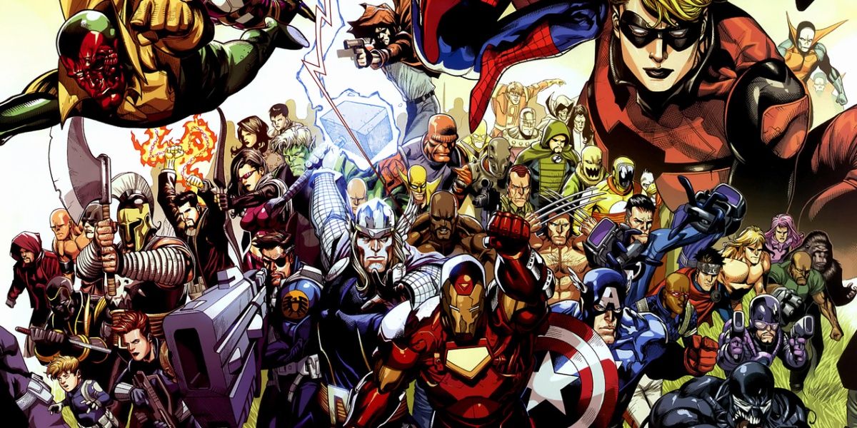 Secret Invasion Avengers Assemble Showing Many Marvel Heroes Including Iron Man, Thor, Captain America, Nick Fury, Vision, And Stature 