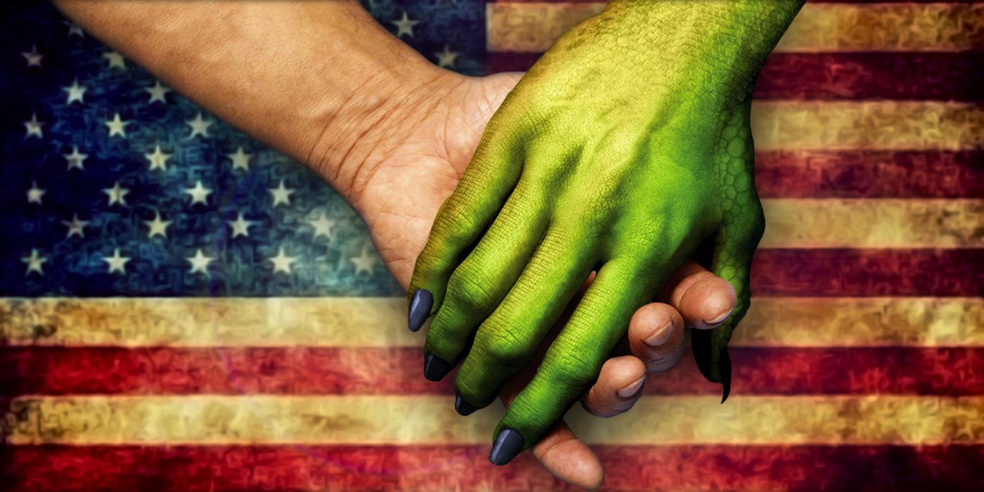 Secret Invasion Human and Skrull Holding Hands in front of American Flag