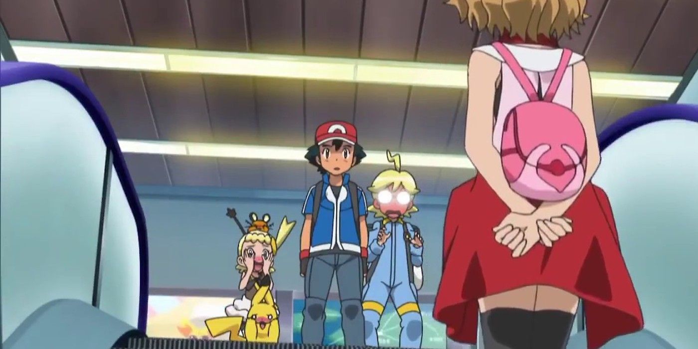 Ash, Pikachu, Bonnie, and Clemont react to Serena kissing Ash in Pokemon