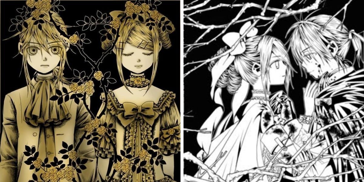 Left image features manga cover for Servant of Evil; right image features Len and Rin