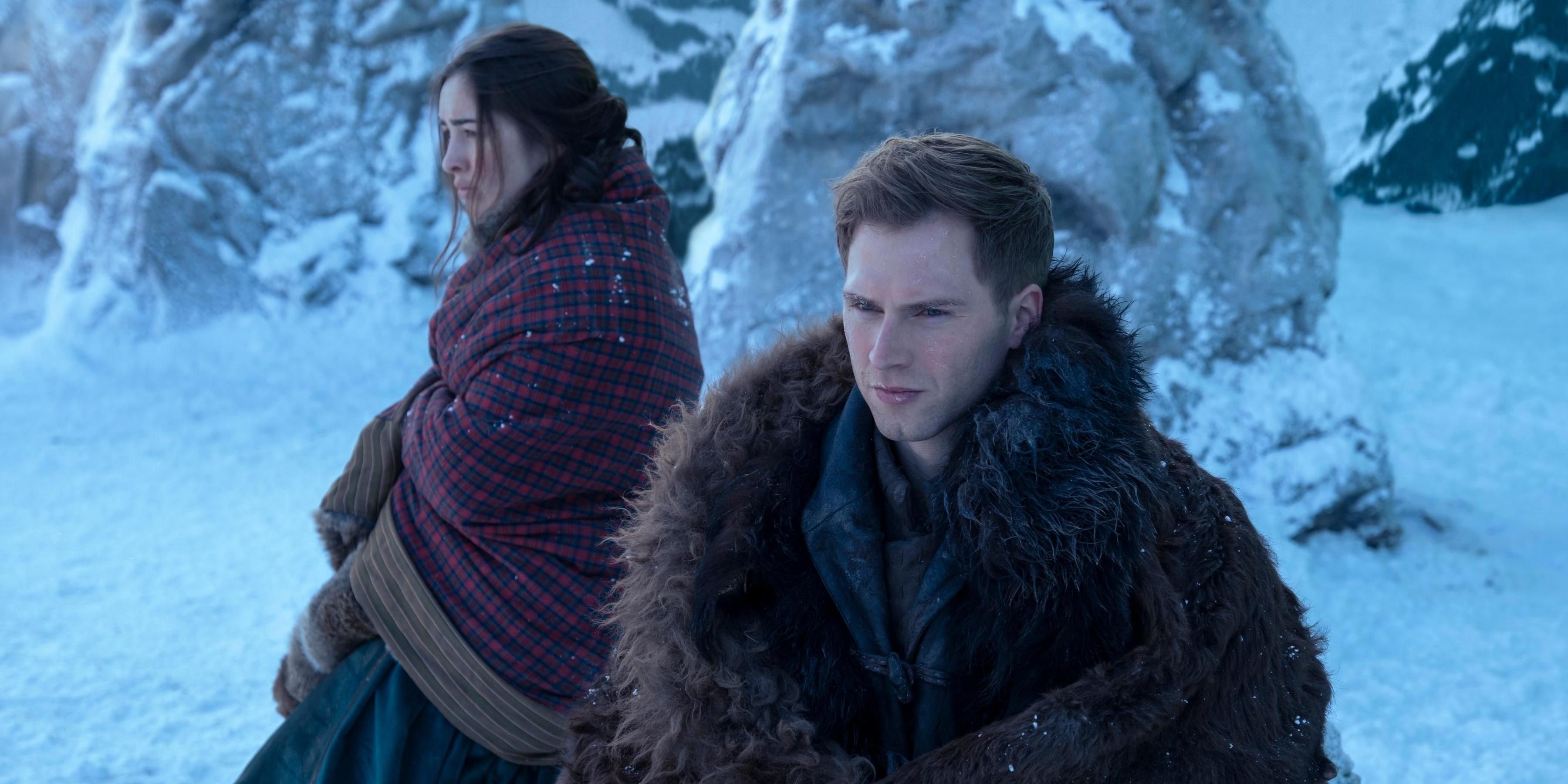 Nina Zenik, a young woman wearing a purple cloak, and Matthias Helvar, a young man wearing a furry brown cloak.