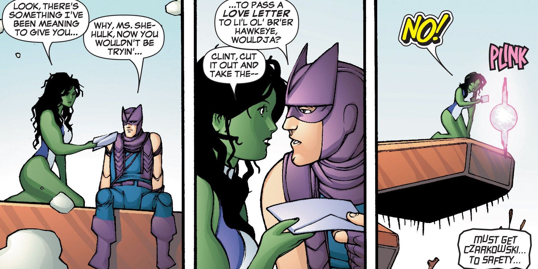 She-Hulk trying to give Hawkeye a letter warning him of his imminent death in 2005's She-Hulk #2