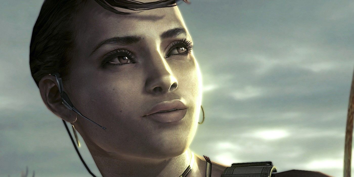 Sheva Alomar against a clouded sky in Resident Evil 5