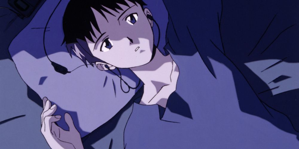 Evangelion Shinji Lying on Bed in Dark Room While Listening to Music