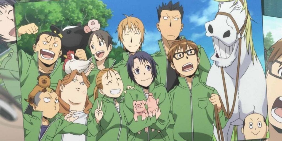 Silver Spoon Yuugo and his classmates with their farm animals.