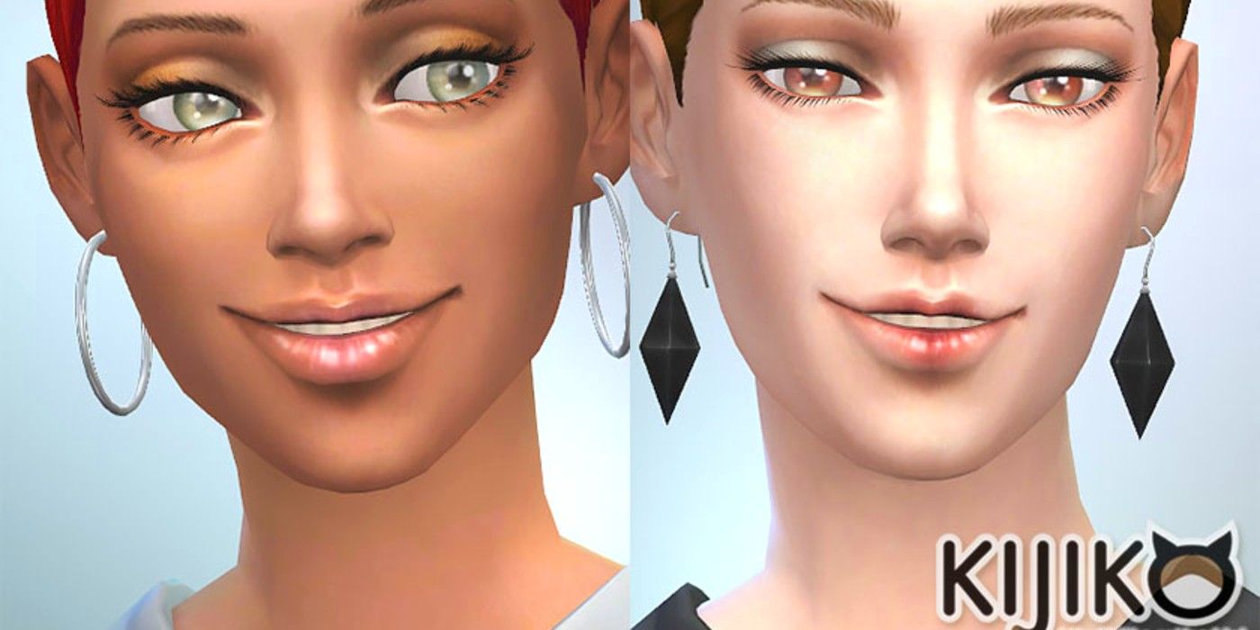 A split image of two female Sims with 3D eyelashes