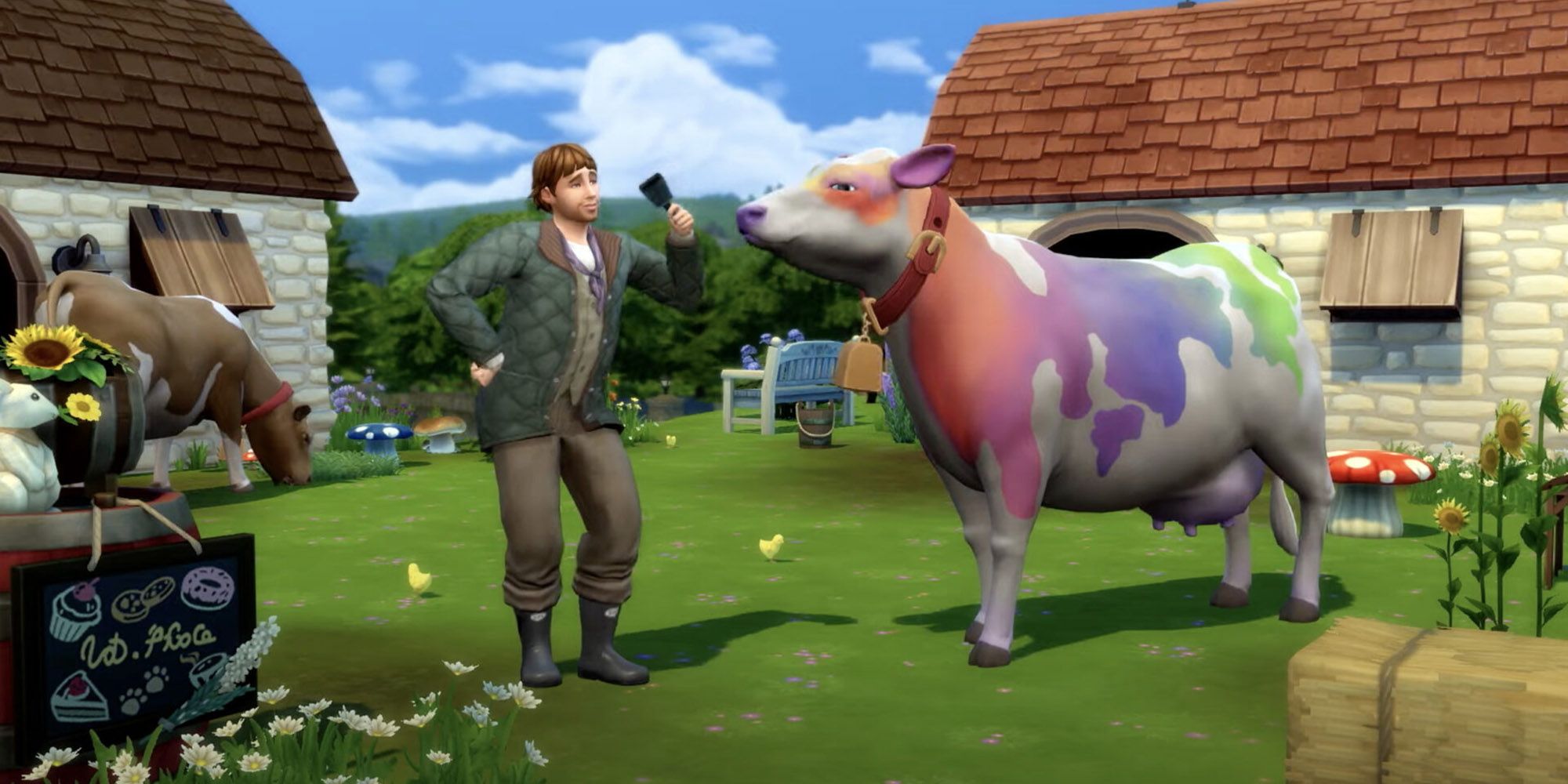 A Sim enjoying his magnificent cow.