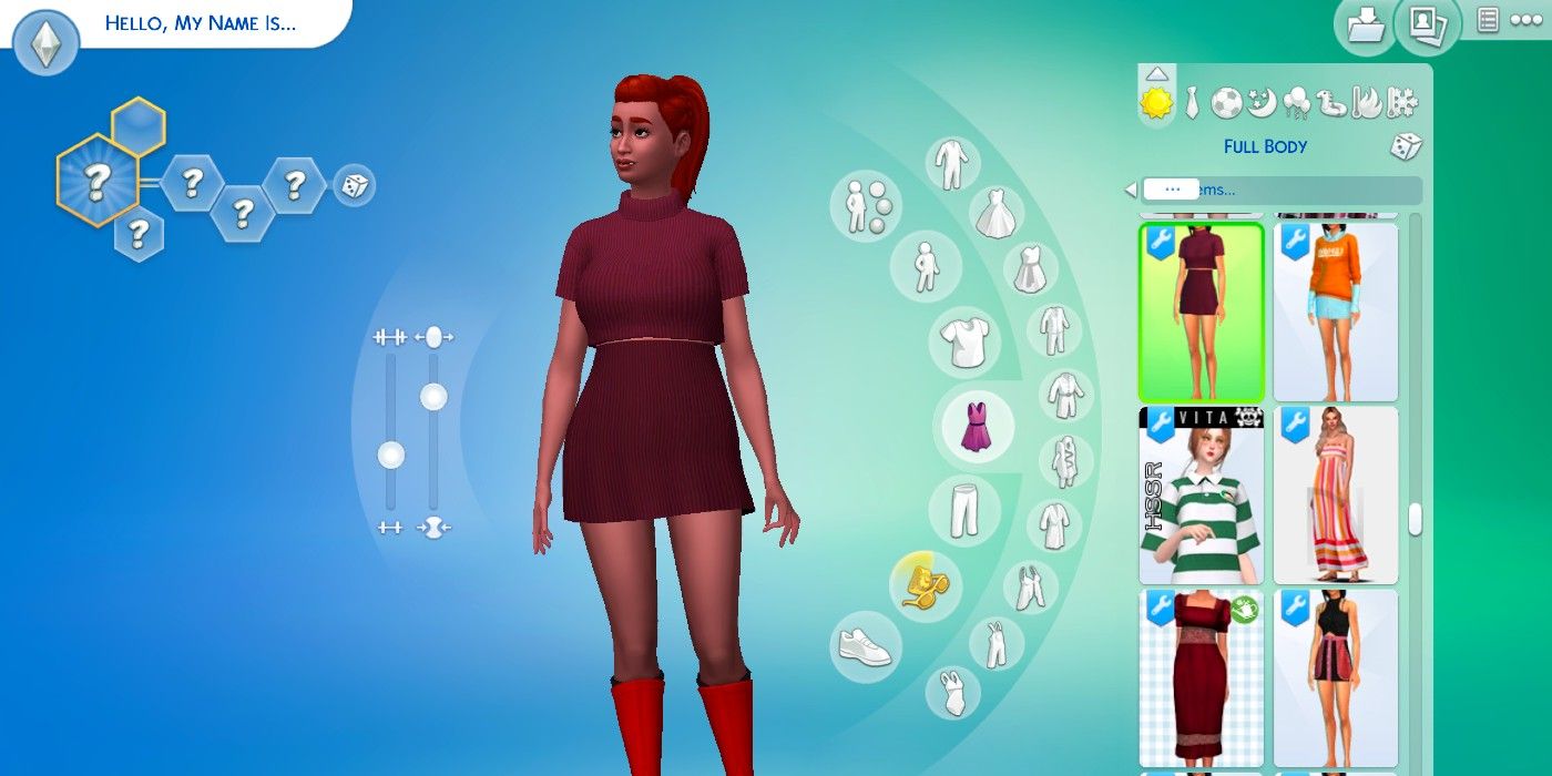 A female Sim in CAS wearing a fanmade red two-piece set