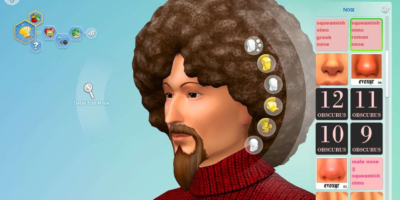 A male Sim with an afro and beard using a fanmade nose preset