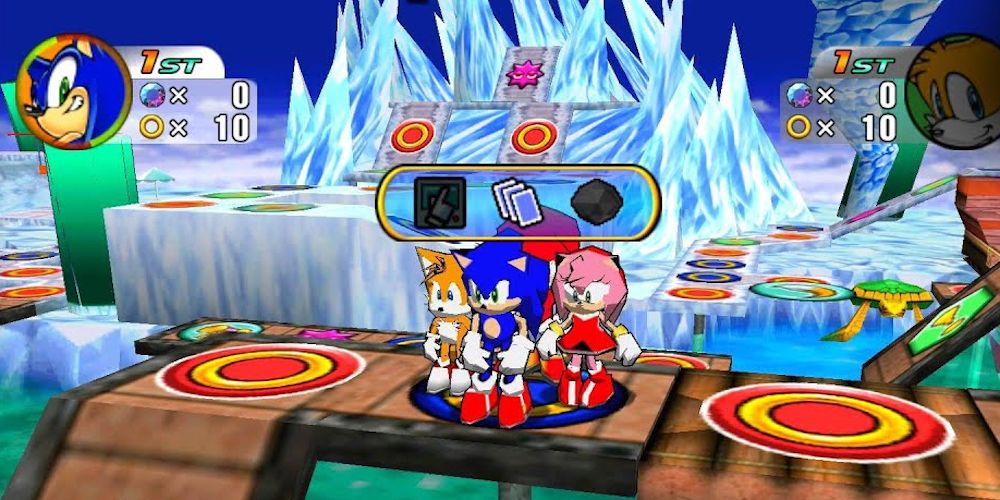Sonic and friends on the same board space in the Dreamcast's Sonic Shuffle