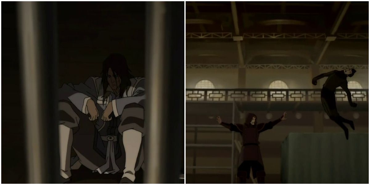 Split image of Tarrlok talking behind bars and Amon bloodbending Mako
