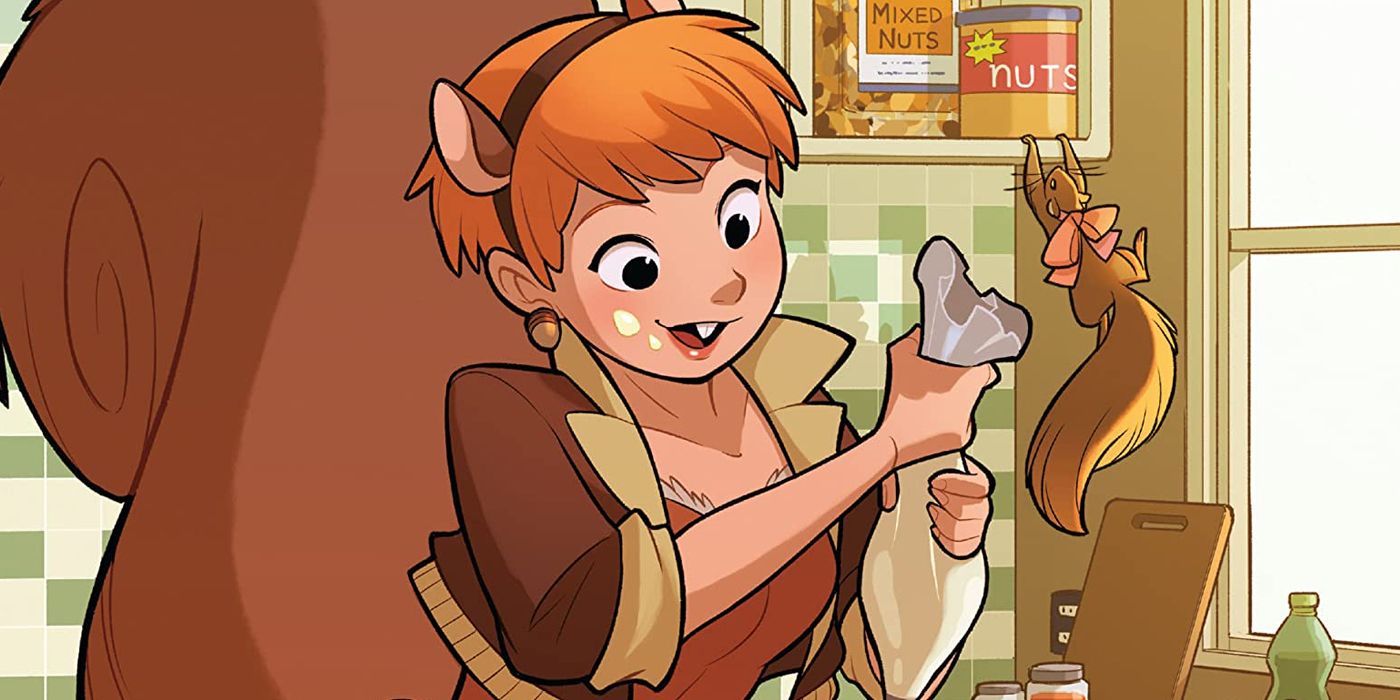 Squirrel Girl frosting a cake with squirrels
