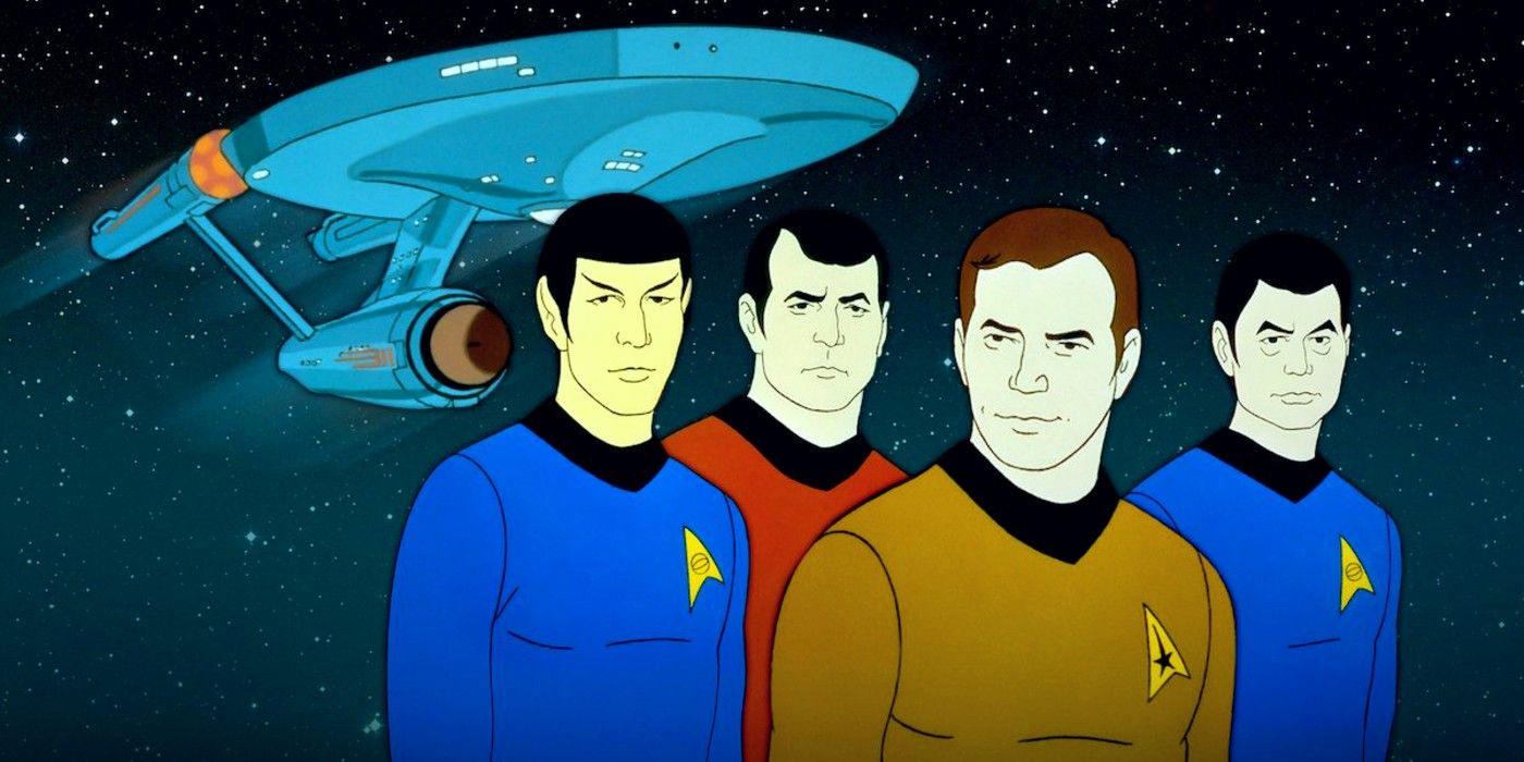 Star Trek The Animated Series characters in front of a ship.