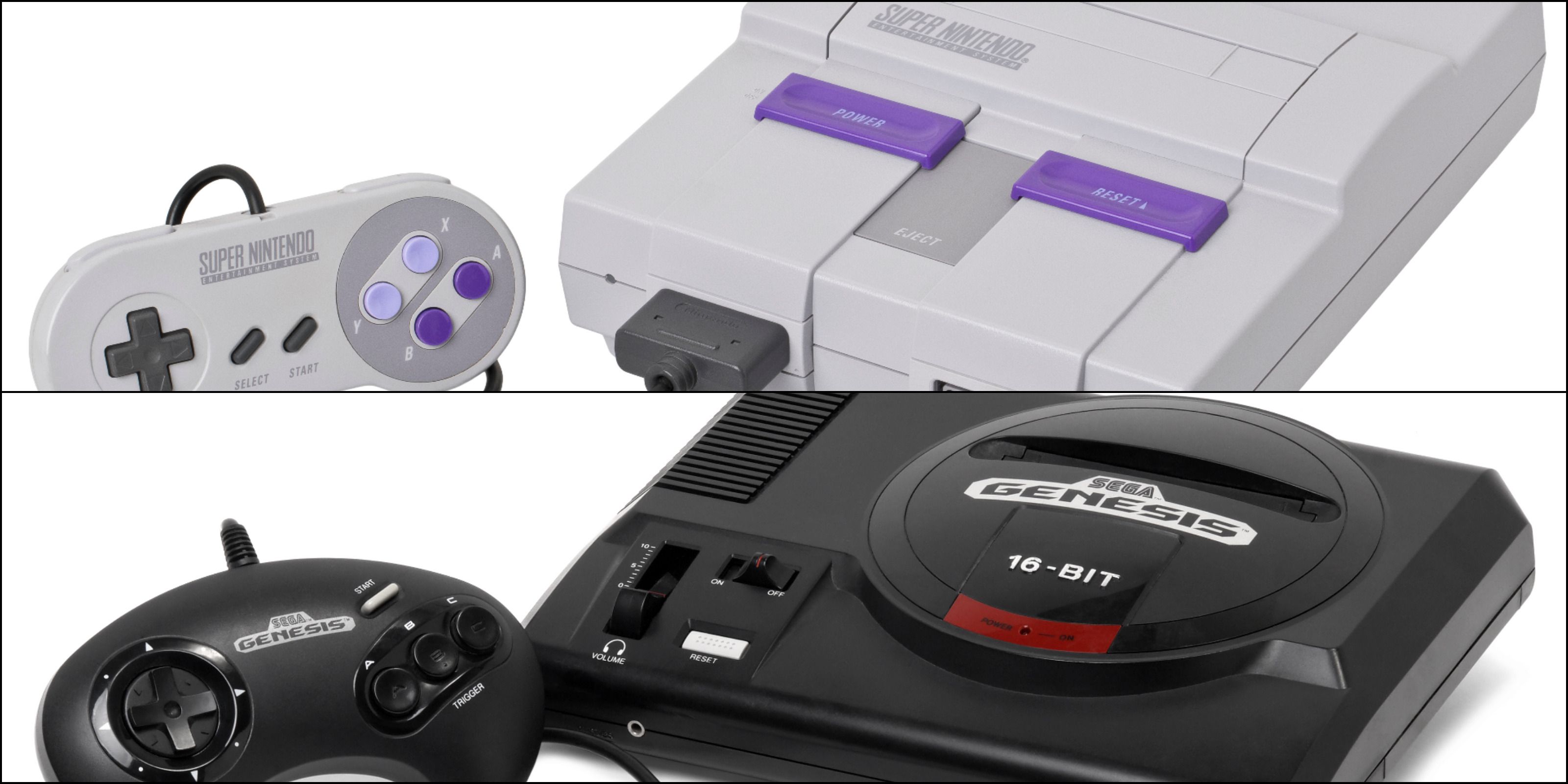 A split image depicts the Super Nintendo and Sega Genesis consoles.