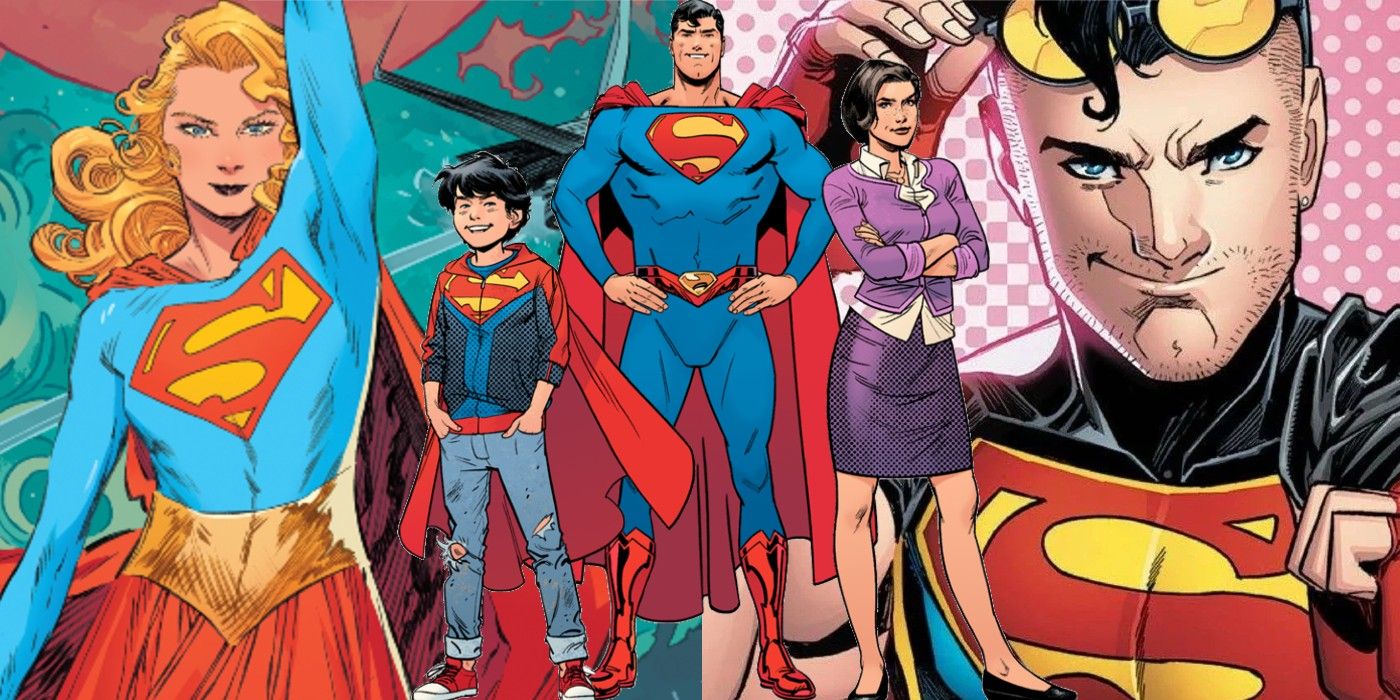 An image collage of different members of the Superman family, including Supergirl, Superman, Lois Lane, Jon Kent, and Connor Kent from DC Comics