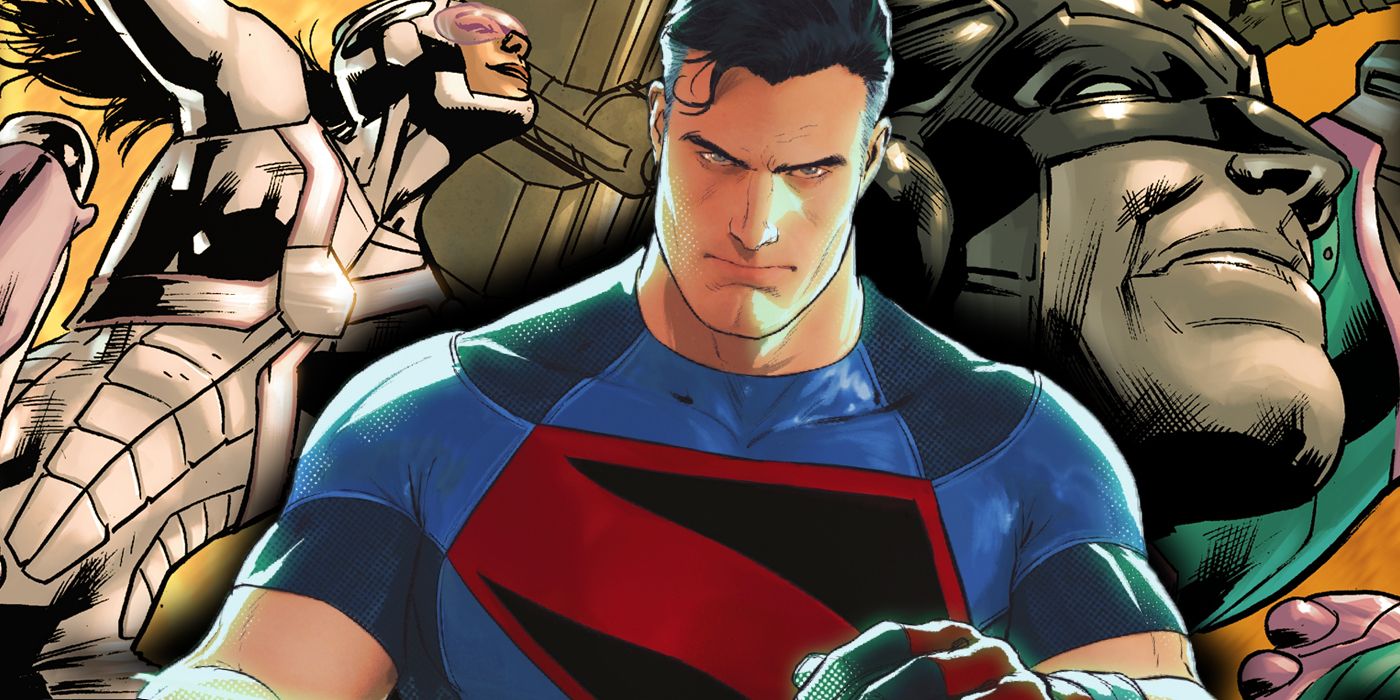 A capeless Superman with The Authority's Engineer and Midnighter in DC Comics
