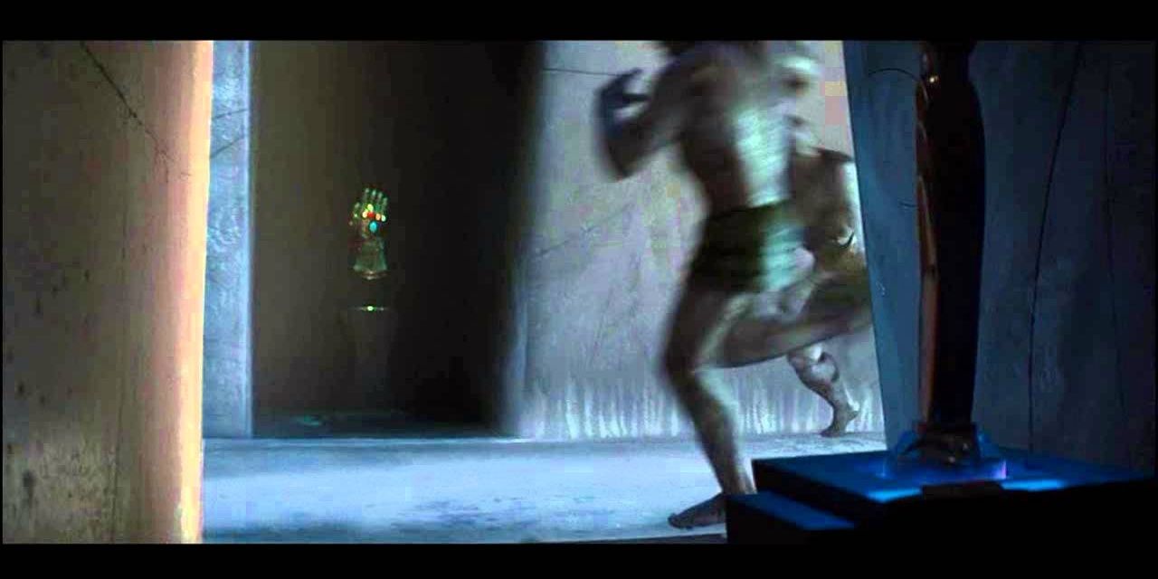 The Frost Giants running from the Destroyer in Thor, also revealing the fake Infinity Gauntlet