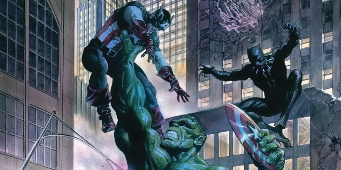The Hulk fights the Avengers Captain America and Black Panther