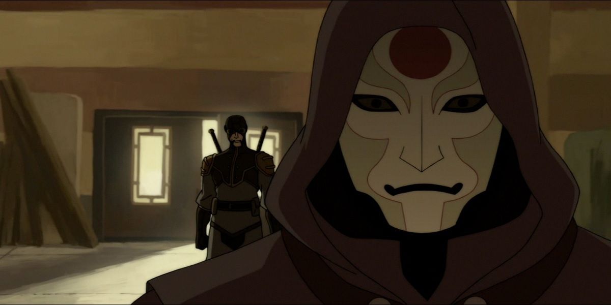 Amon from the Legend of Korra standing menacingly with the Lieutenant behind him