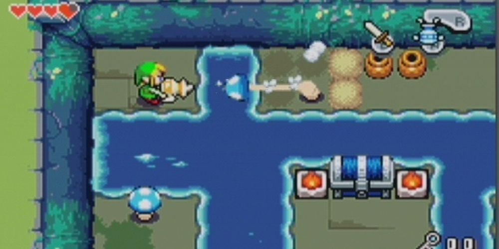 Link usa o item Gust Jar em The Legend of Zelda: The Minish Cap
