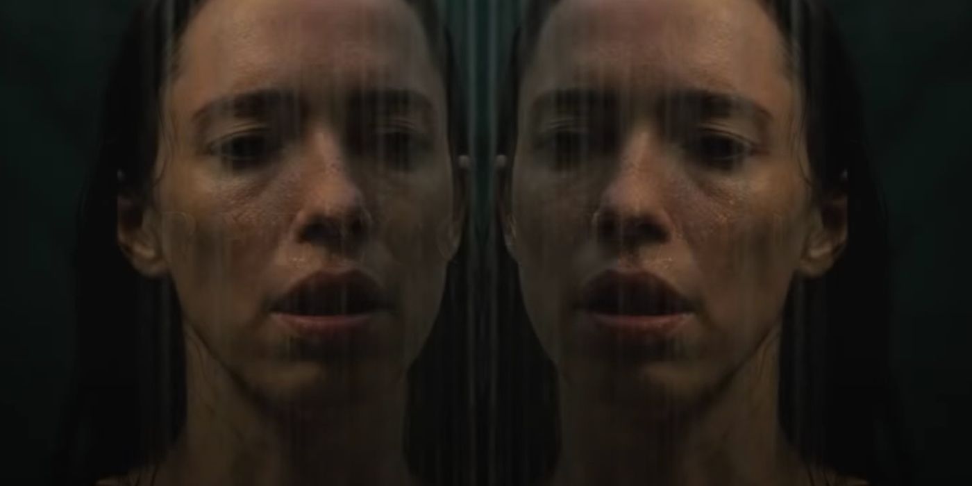 Rebecca Hall mourns her husband in the shower in The Night House