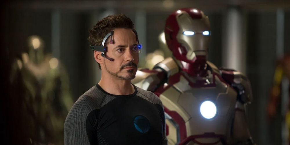 Tony Stark wearing his remote headset for his Mark 42 armor in Iron Man 3
