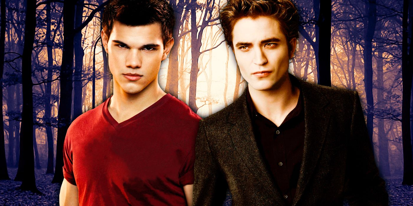 Jacob and Edward shoulder to shoulder in front of a twilit forest