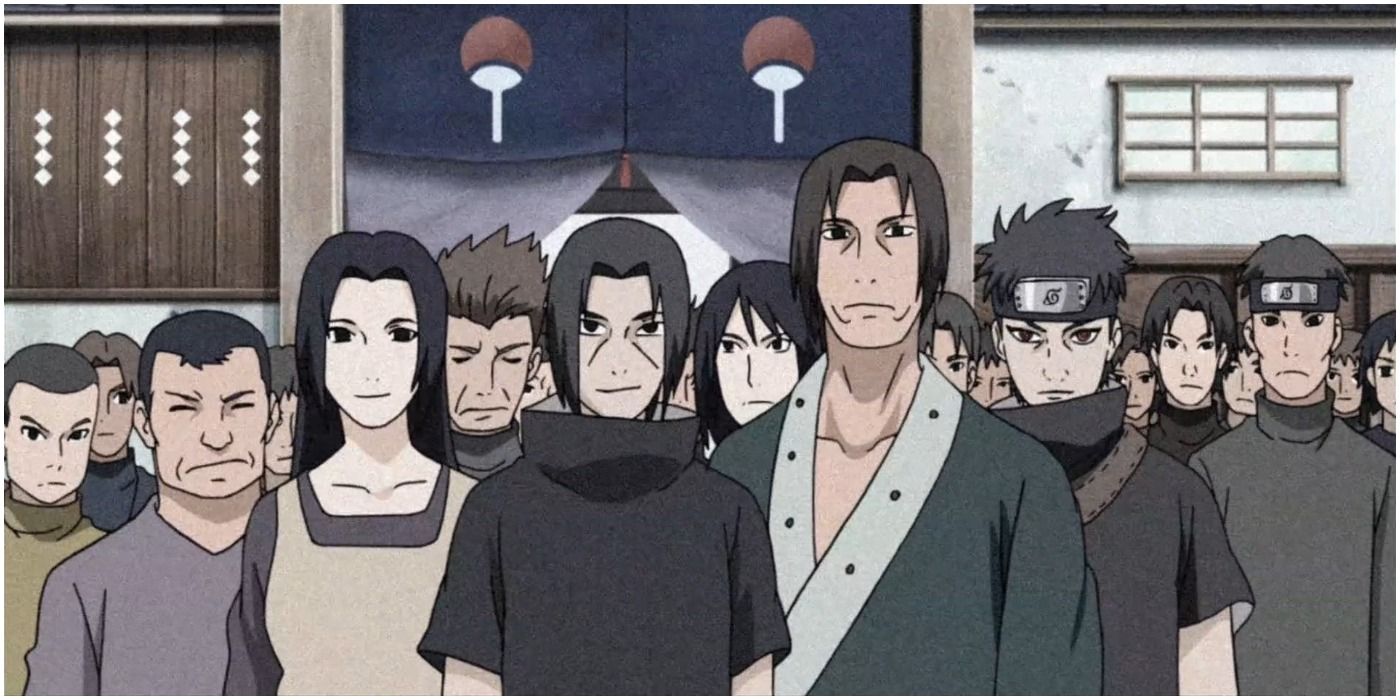 The entire Uchiha clan stand before the Uchiha symbol