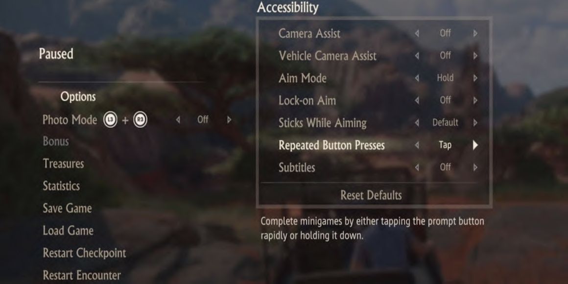 Uncharted 4 Accessibility Menu
