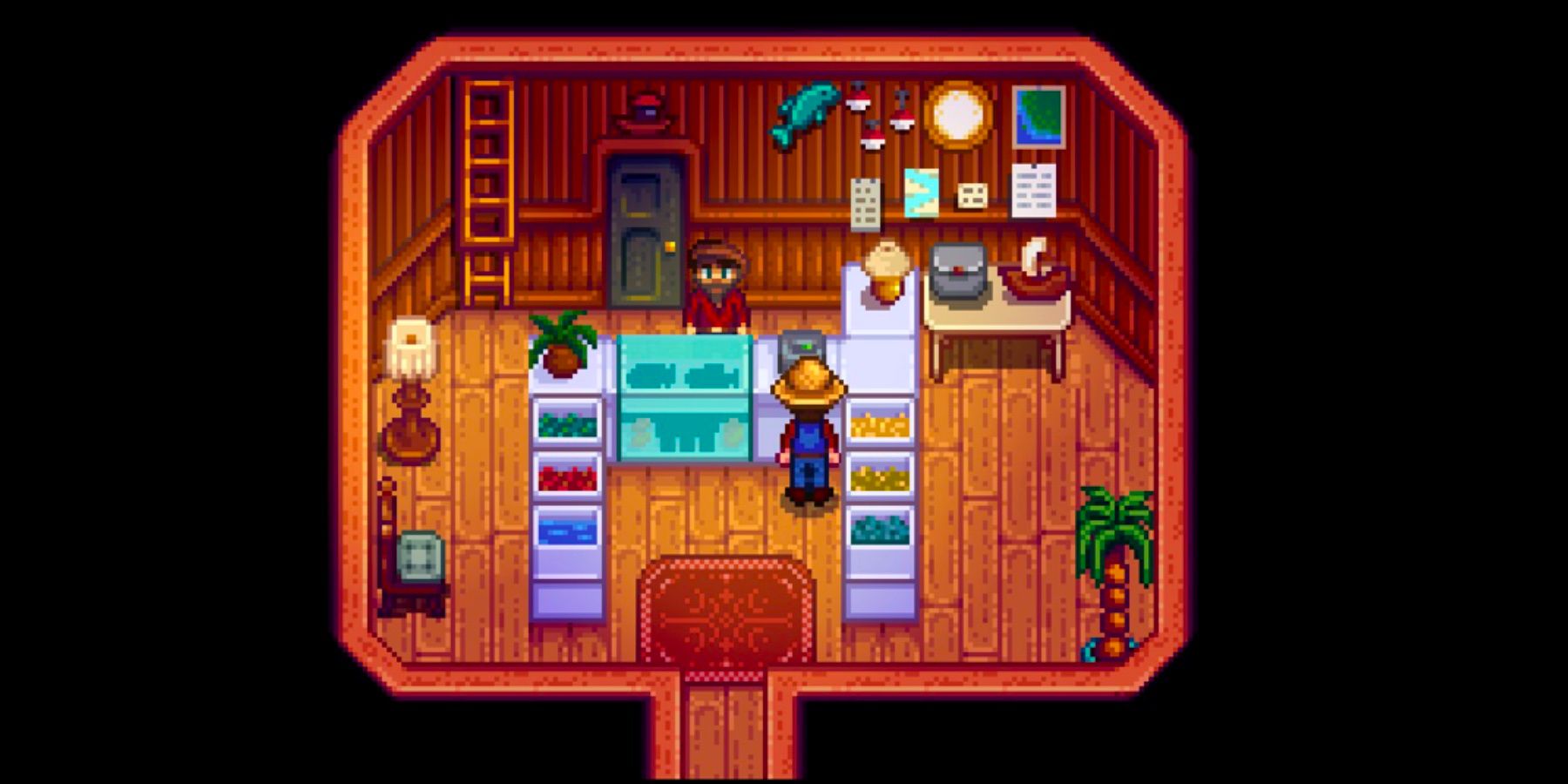 A player shopping at Willy's Fish Shop in Stardew Valley.