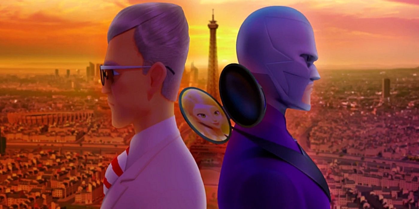 A promotional image for Miraculous Ladybug features Gabriel and his alterego Hawkmoth back to back