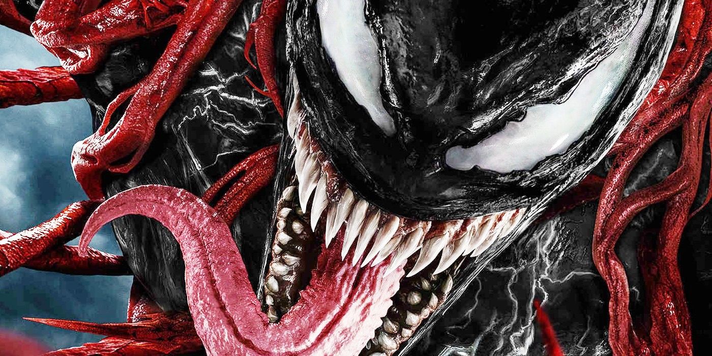 Venom tangled in Carnage's tendrils in Venom: Let There Be Carnage poster art.