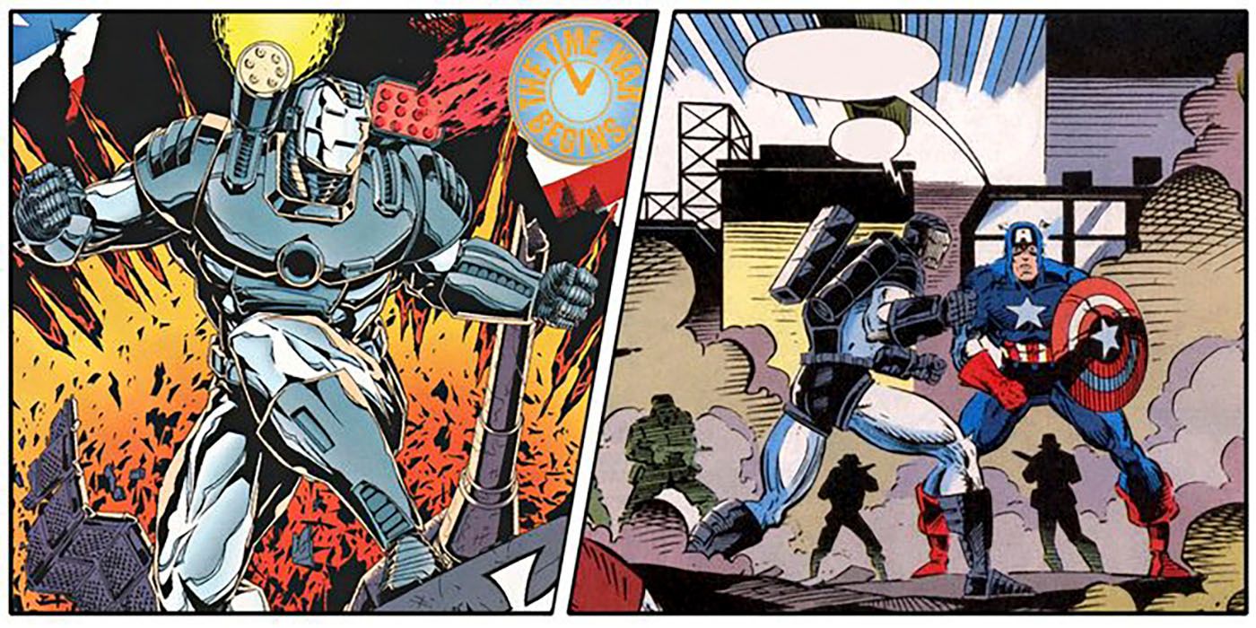 War machine stands in front of burning rubble in the first panel. In the next panel, he stands next to Captain America, with shadowy men behind them.